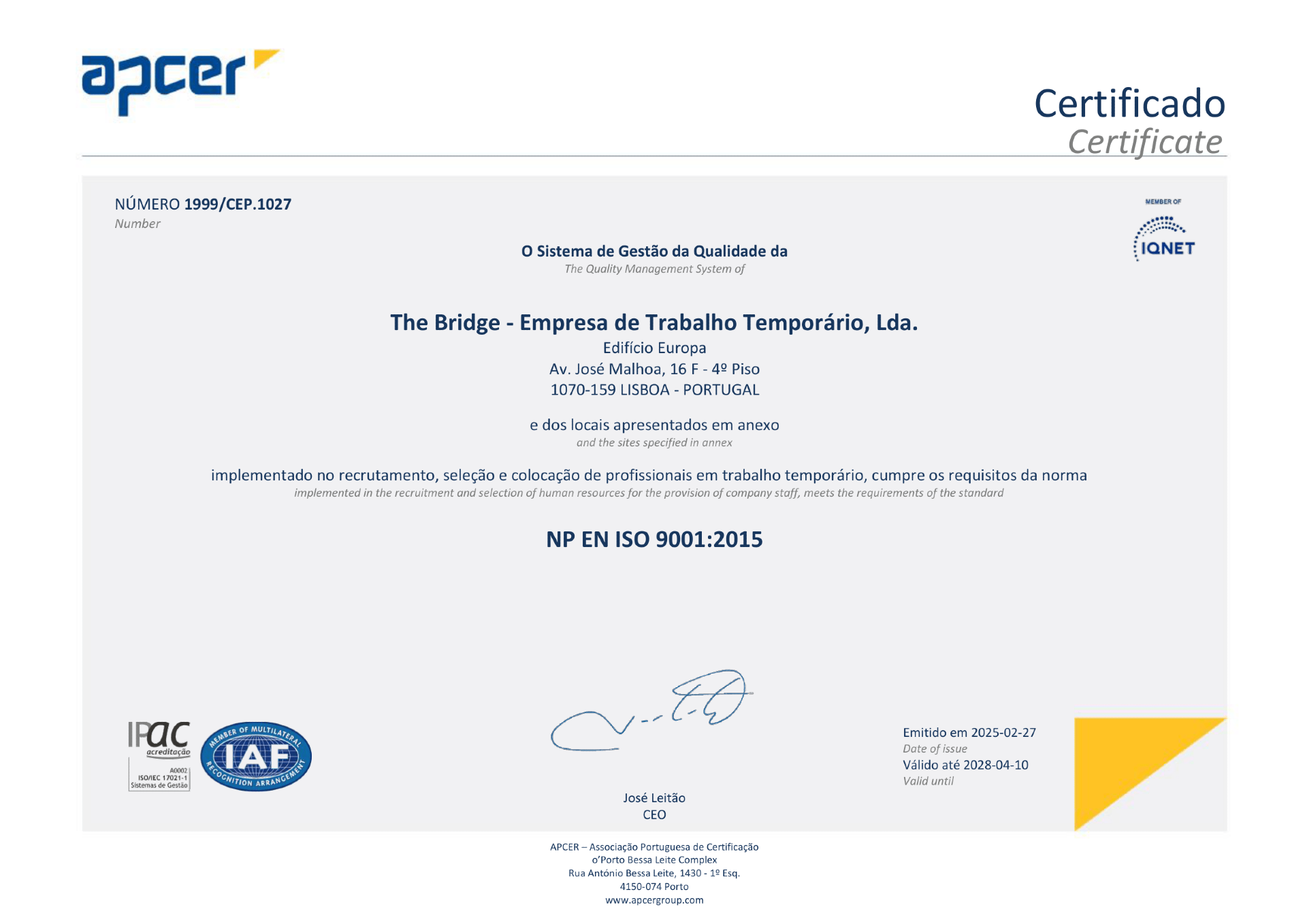 Certificado NP EN ISO 9001:2015 - The Bridge