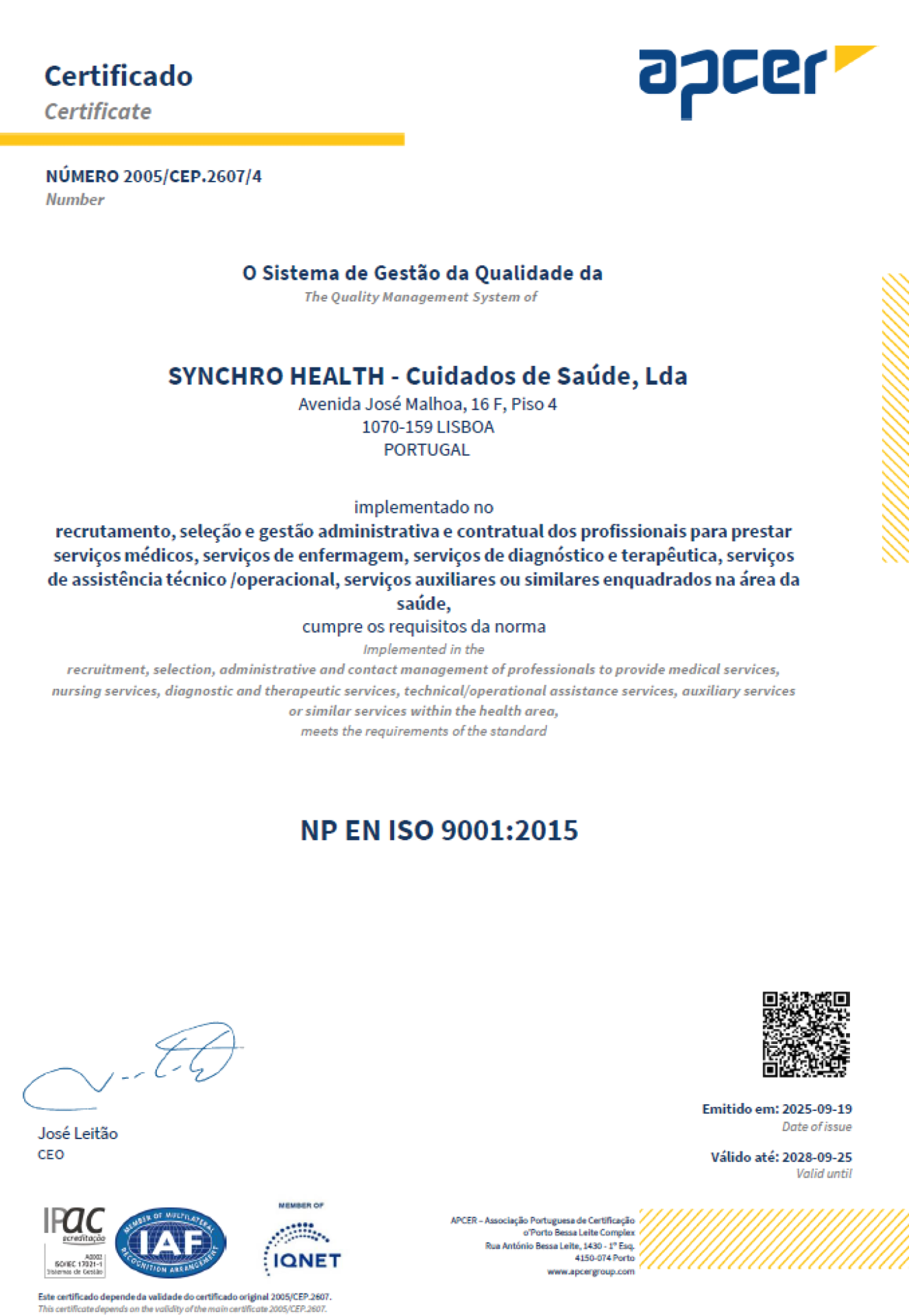 Certificado NP EN ISO 9001:2015 - Synchro Health