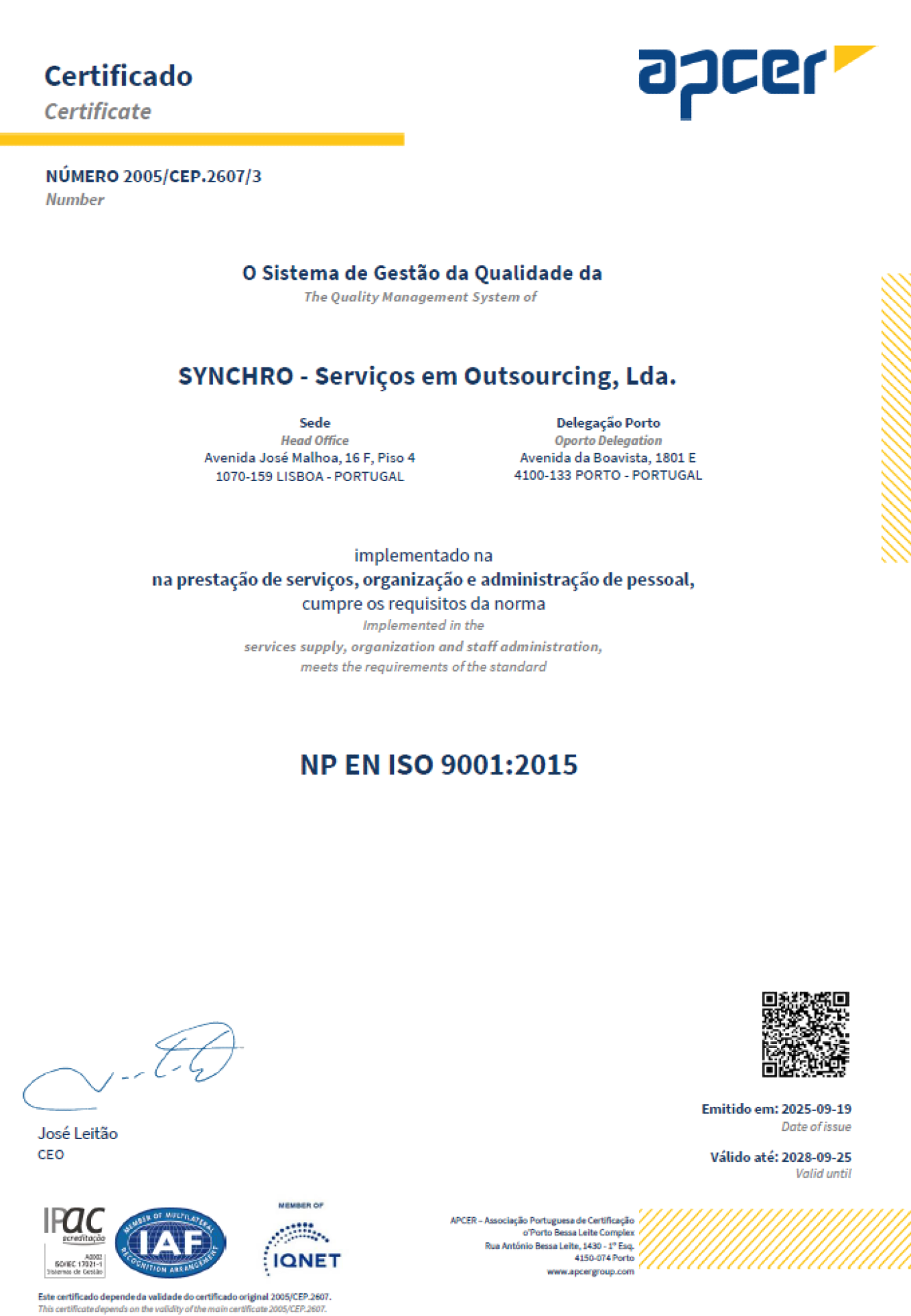 Certificado NP EN ISO 9001:2015 - Synchro